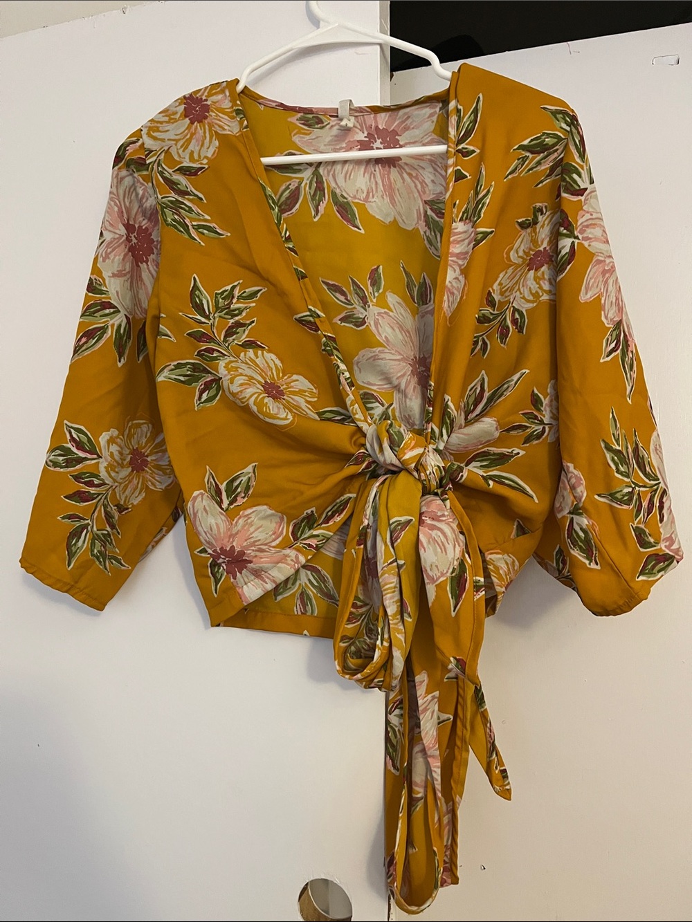 Floral Tie-Front Women's Top - Mustard Yellow